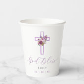 Lila Blumenkreuz Gott segne Taufe Pappbecher (Rückseite)