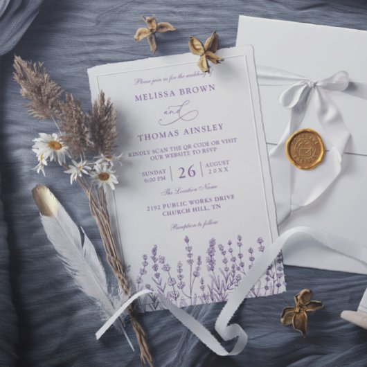 Lila Blumenlavendel Budget-QR-Code-Hochzeit Einladung