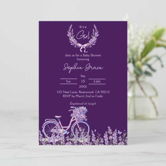 Lila Blumenlavender Bicycle Baby Dusche Einladung (Stehend Vorderseite)