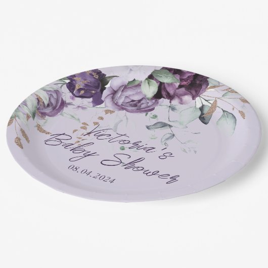 Lila Blumenlavender Elegant Babydusche Pappteller (Schrägansicht)
