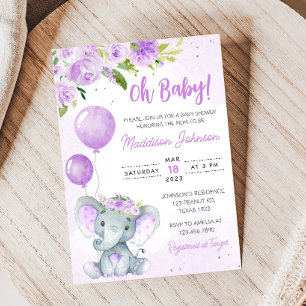 Lila Blumenlephant Babydusche Einladung