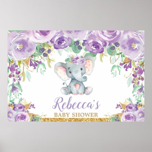 Lila Blumenlephant Babydusche Hintergrund Poster (Vorne)
