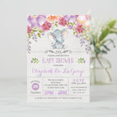 Lila Blumenlephant Kinderdusche Einladung (Stehend Vorderseite)