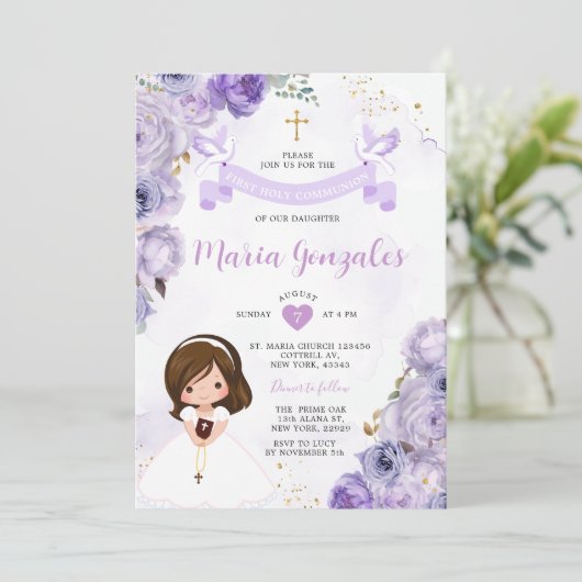 Lila Blumenmädchen Einladung (Stehend Vorderseite)