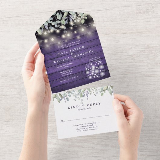 Lila Blumenmason Jars Lights Monogram Wedding All In One Einladung (Abreißen)