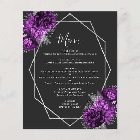 Lila Blumenmenü für Geo Black Wedding (Vorderseite)