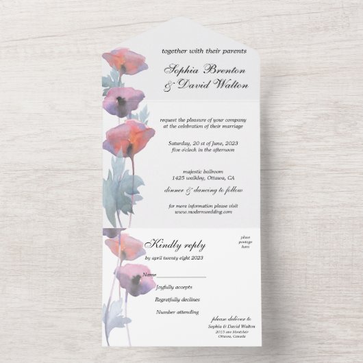 Lila Blumenmohn All In One Einladung (Innen Boden)