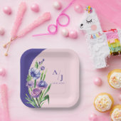 Lila Blumenmonogramm Hochzeitsfeier Pappteller (Party)