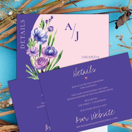 Lila Blumenmonogramm Rosa Hochzeitsdetails Begleitkarte