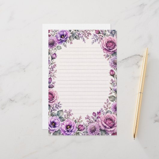Lila Blumenmuster. Briefpapier (Vorderseite/Rückseite Beispiel)