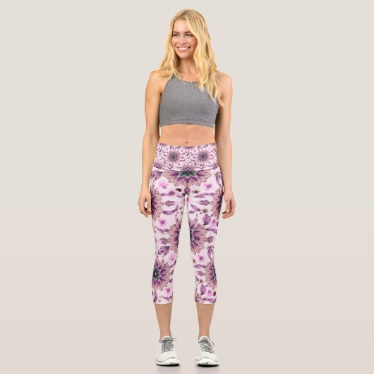 Lila Blumenmuster Capri Leggings (Vorderseite)