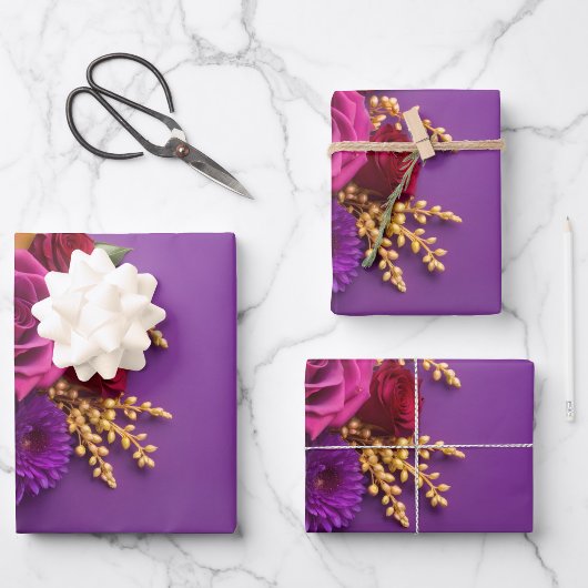 Lila Blumenmuster Geschenkpapier Set