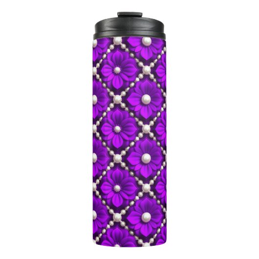 Lila Blumenmuster mit Perlen Thermosbecher (Vorderseite)