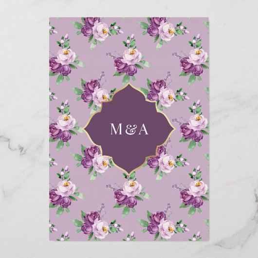Lila Blumenmuster muslimische Hochzeit Gold Folieneinladung (Rückseite)