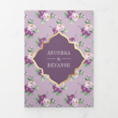 Lila Blumenmuster QR Code Indische Hochzeit Dreifach Gefaltete Einladung (Cover)