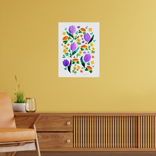 Lila Blumenmuster Wasserfarben Kunst, Dichtung und Poster (Wohnzimmer 2)