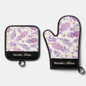 Lila Blumenmuster Wasserfarbenskript Personalisier Ofenhandschuh & Topflappen-Set (Vorderseite)