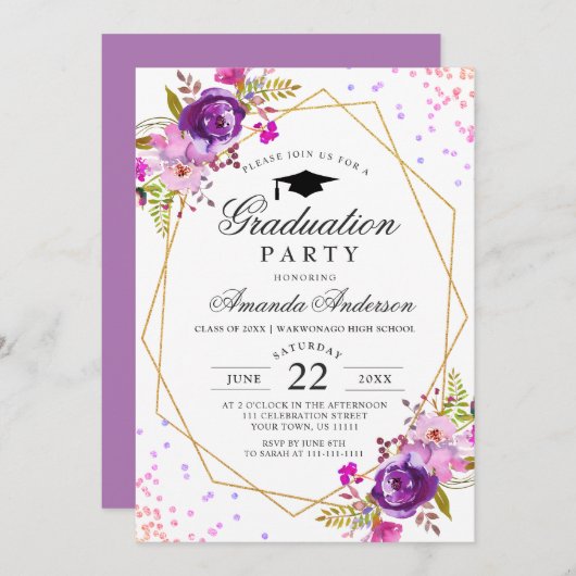 Lila Blumenpartei Moderne Graduierung Einladung (Vorne/Hinten)