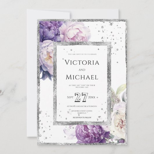 Lila Blumenperle Elegante Silberhochzeit Einladung (Vorderseite)