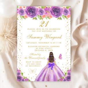 Lila Blumenpraxis Brünette Haarprinzessin Geburtst Einladung