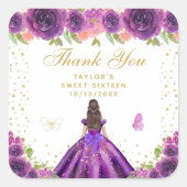Lila Blumenpresse, Brünette Haare, 16 . Geburtstag Quadratischer Aufkleber (Vorderseite)