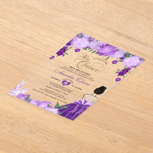 Lila Blumenprinzessin Mis Quince Quinceañera Acryleinladungen (Ablage )