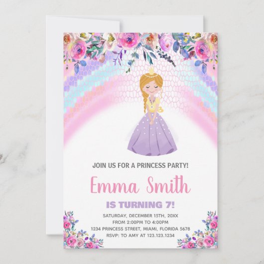 Lila BlumenPrinzessin zum Geburtstag Einladungen (Vorderseite)