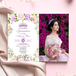 Lila Blumenquinceañera 15. Geburtstag Foto Einladung