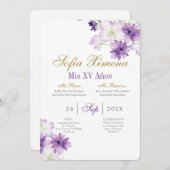 Lila Blumenquinceanera Einladung (Vorne/Hinten)