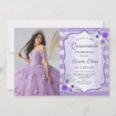 Lila Blumenquinceanera GeburtstagsFoto Einladung (Vorderseite)