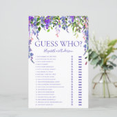 Lila Blumenratgeber Wer Brautparty Game (Stehend Vorderseite)