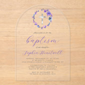 Lila Blumenreste Silberkreuztaufe Acryleinladungen (Vorderseite)