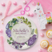 Lila Blumenrinder Geburtsdatum Pappteller (Party)