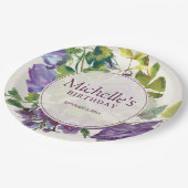 Lila Blumenrinder Geburtsdatum Pappteller (Schrägansicht)