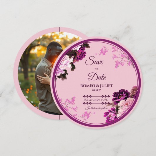 Lila Blumenring-Hochzeit Sichern Sie die Datumskar Save The Date (Vorne/Hinten)