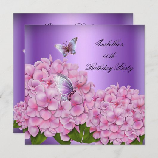 Lila Blumenrosa Butterfly Geburtstagsparty Einladung (Vorne/Hinten)