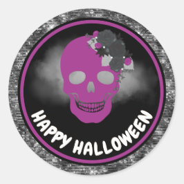 Lila Blumenschädel und Schwarzer Glitzer Halloween Runder Aufkleber