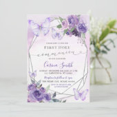 Lila Blumenschmetterling Girl Einladung (Stehend Vorderseite)