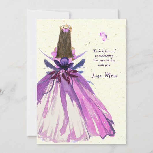 Lila Blumenschmetterlinge Dreamy Quinceañera Einladung (Rückseite)