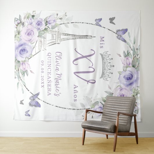 Lila Blumenschmetterlinge Eiffel Paris Quinceañera Wandteppich (Beispiel (Horizontal))