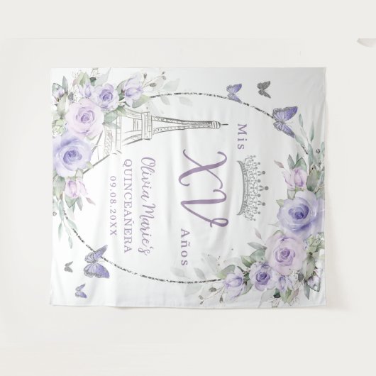 Lila Blumenschmetterlinge Eiffel Paris Quinceañera Wandteppich (Vorderseite (Horizontal))