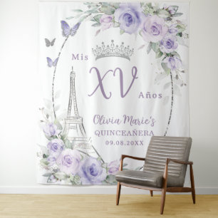 Lila Blumenschmetterlinge Eiffel Paris Quinceañera Wandteppich