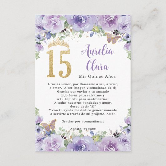 Lila Blumenschmetterlinge Quinceañera Gebetskarte Begleitkarte (Vorderseite)