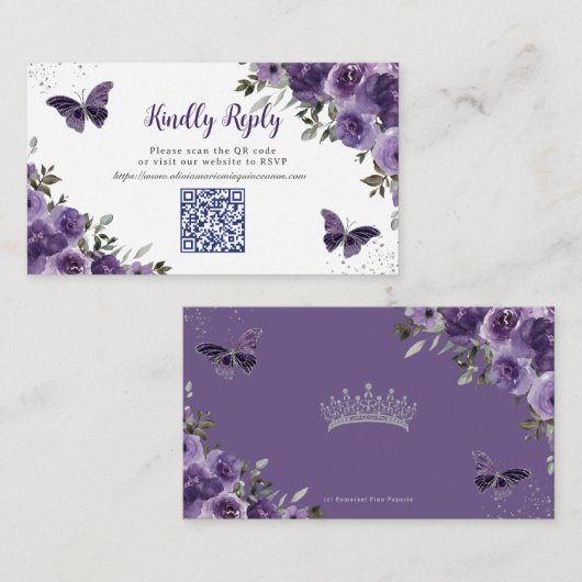 Lila Blumenschmetterlinge Quinceañera QR Code UAWG Begleitkarte (Vorne/Hinten)