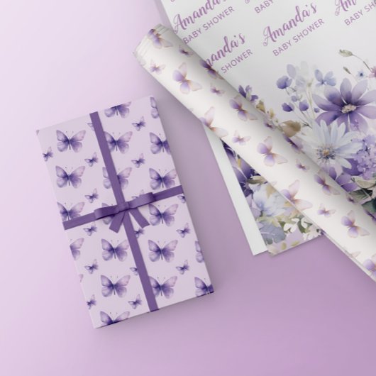 Lila Blumenschmetterlingsdusche Personalisiert Geschenkpapier Set