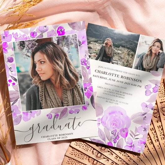Lila Blumenschrift 3 Fotos Abschluss Einladung