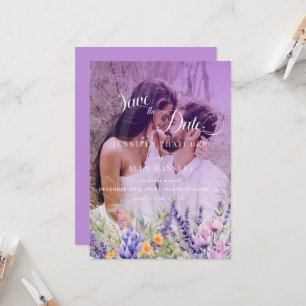 Lila Blumenschrift   Foto Hochzeit speichern Sie d Einladung