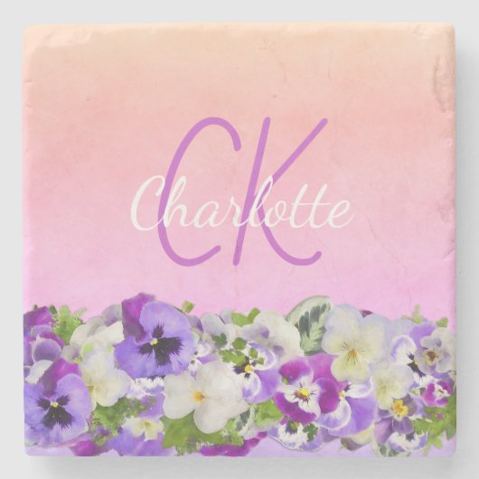 Lila Blumenschrift in Rosa Steinuntersetzer (Vorderseite)