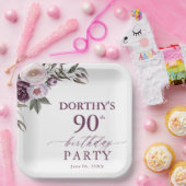 Lila Blumenschrift zum 90. Geburtstag Pappteller (Party)