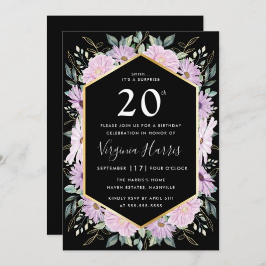 Lila Blumenschwarz 20. Geburtstag Einladung (Vorne/Hinten)